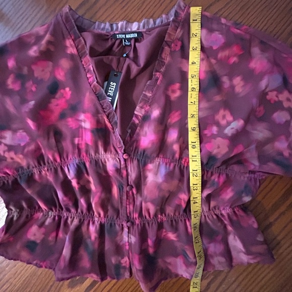 NEW Steve Madden Top L Hollis Pink Multicolor Muted Peplum Bishop Sleeves Button - Picture 11 of 11